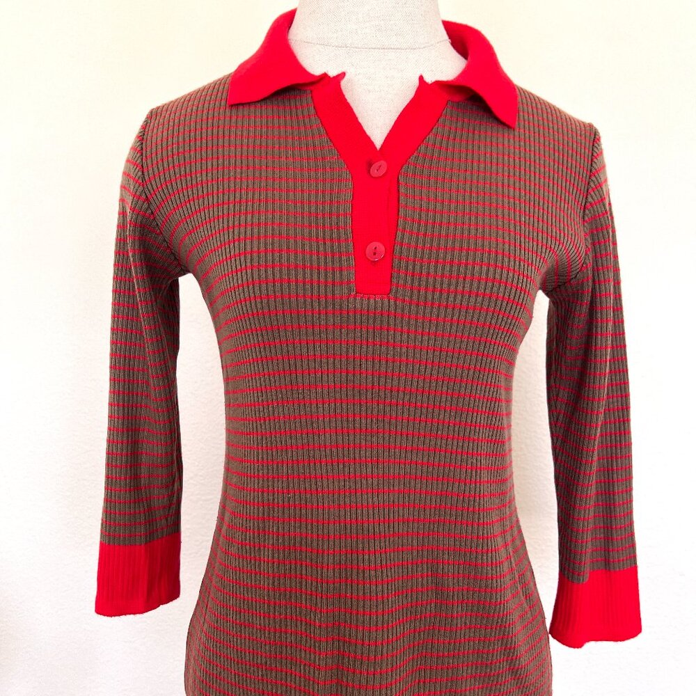 70's Sweater - Striped Pullover - Polo - Red & Brown - Size Large